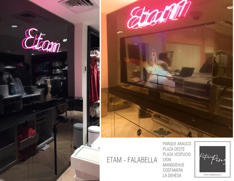 Lámina III: Etam · Falabella — Parque Arauco, Plaza Oeste, Plaza Vespucio, Lyon, Manquehue, Costanera, La Dehesa. Diseño y fabricación Ambientar.