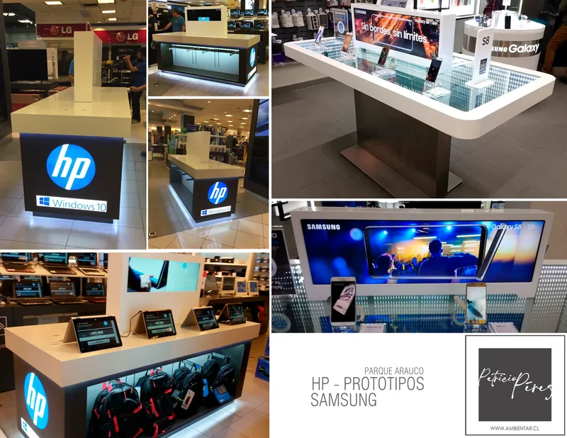 Lámina V: HP · Samsung · Prototipos — Parque Arauco. Diseño y fabricación Ambientar.