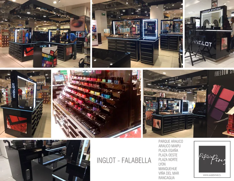 Lámina I: Inglot · Falabella — Parque Arauco, Arauco Maipú, Plaza Egaña, Plaza Oeste, Plaza Norte, Lyon, Manquehue, Viña del Mar, Rancagua. Diseño y fabricación Ambientar.