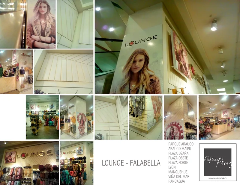 Lámina X: Lounge · Falabella — Parque Arauco, Arauco Maipú, Plaza Egaña, Plaza Oeste, Plaza Norte, Lyon, Manquehue, Viña del Mar, Rancagua. Diseño y fabricación Ambientar.