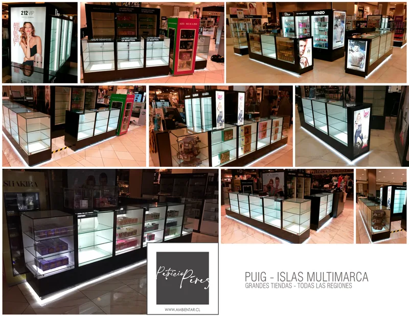 Lámina VI: Islas multimarca · Puig — Grandes tiendas, Todas las regiones. Diseño y fabricación Ambientar.